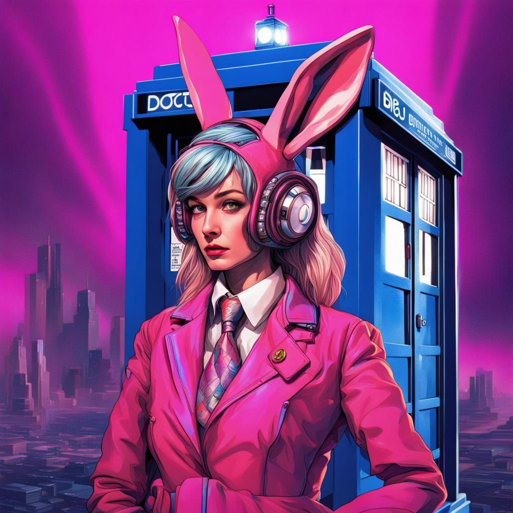 The Doctor's new companion is a Cyber bunny bot woman, TARDIS, Doctor Who , Cyber bunny ,  Vaporwave, neon , hyper reali...