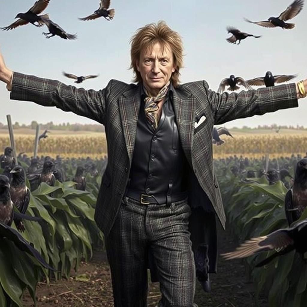 Hyperrealistic Image of Man in Cornfield with Crows