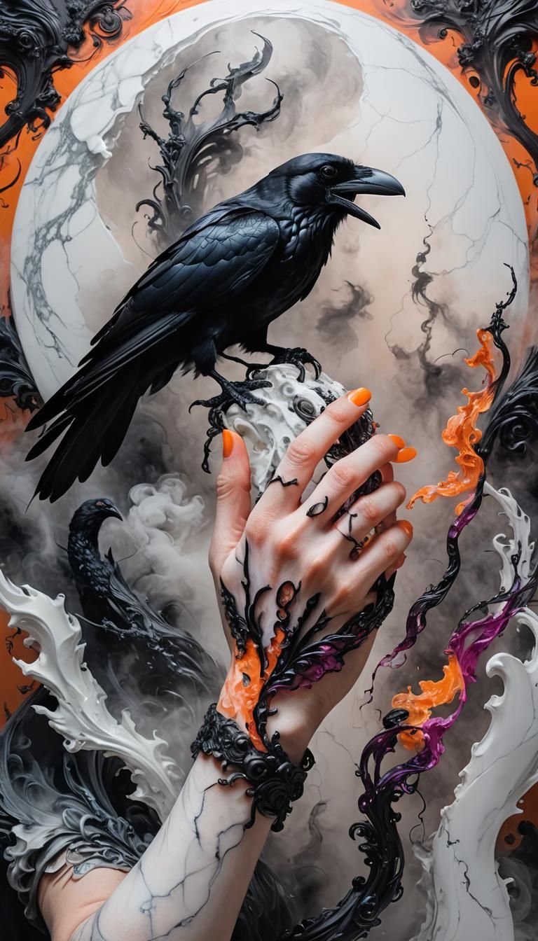 Marble Arm with Raven in Surreal Bionic Pop-Art