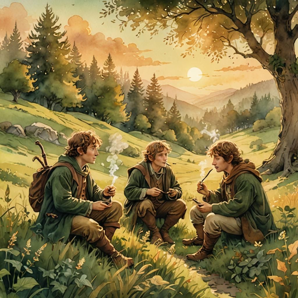Hobbits in a Golden Sunset Whimsy