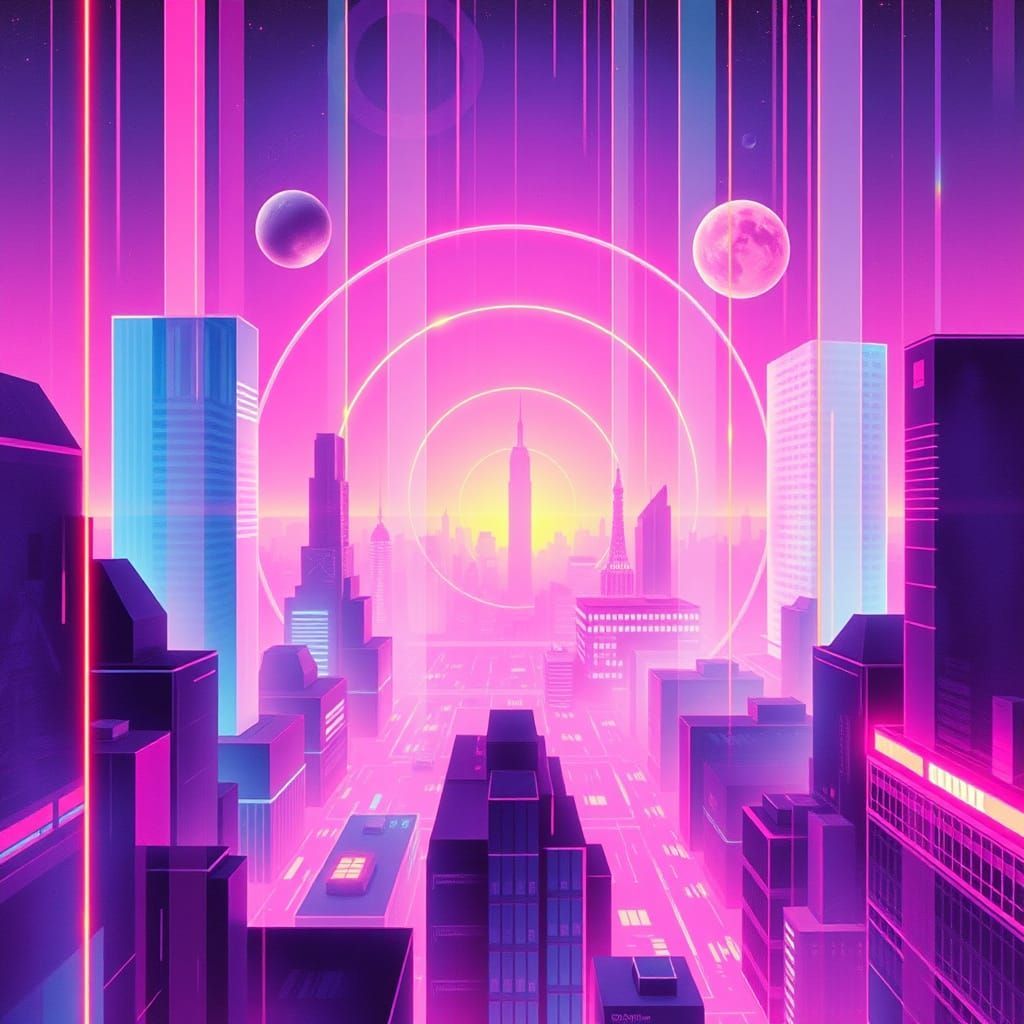 Neon Vaporwave Cityscape with Geometric Shapes