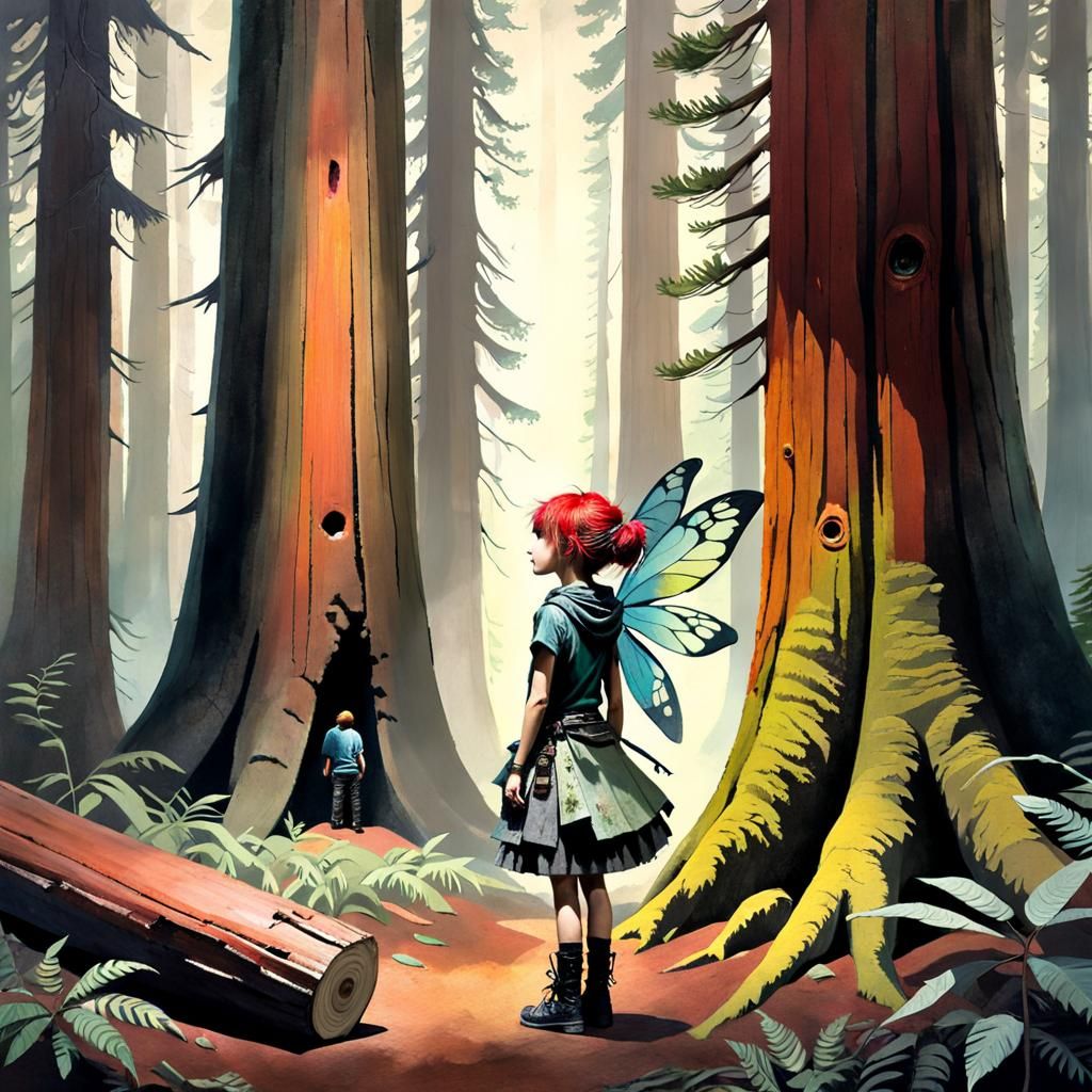 Fairy in Redwood Grove: Watercolor and Ink