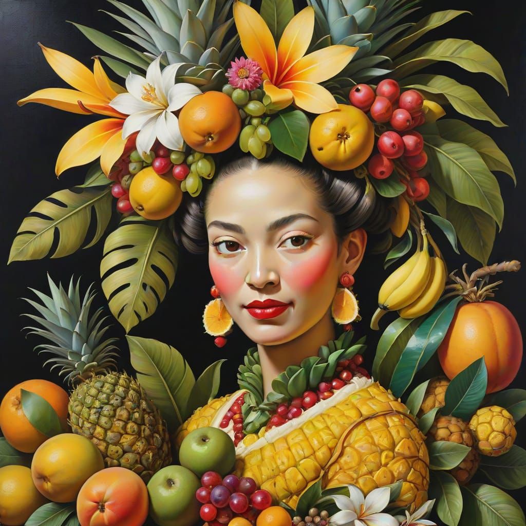 Surreal Tropical Fruit Portrait in the Style of Arcimboldo's...