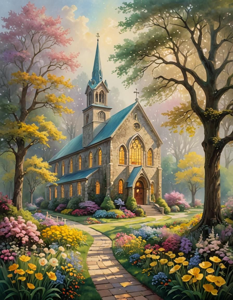 Impressionistic Country Church with Buttercup Flower