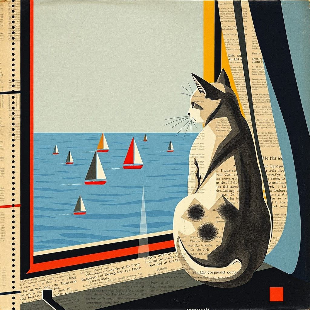 Feline Silhouette Against Vintage Newspaper Collage