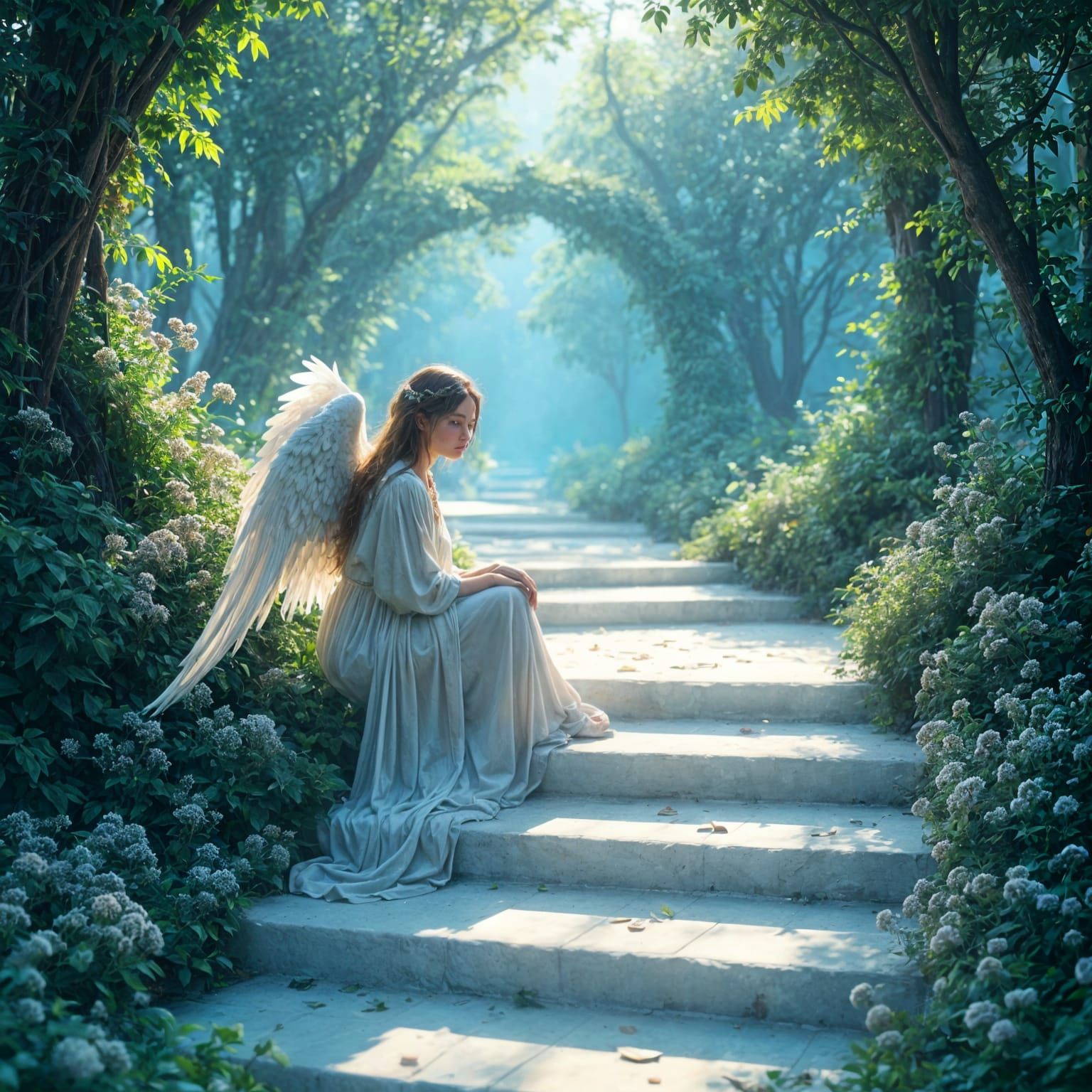 Angel in Elegant Blue Garden Setting