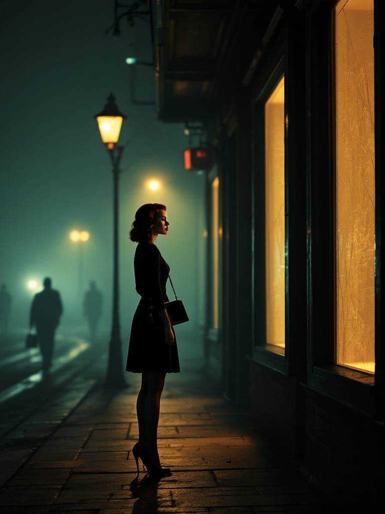 Film Noir Pin-Up Woman in Foggy City