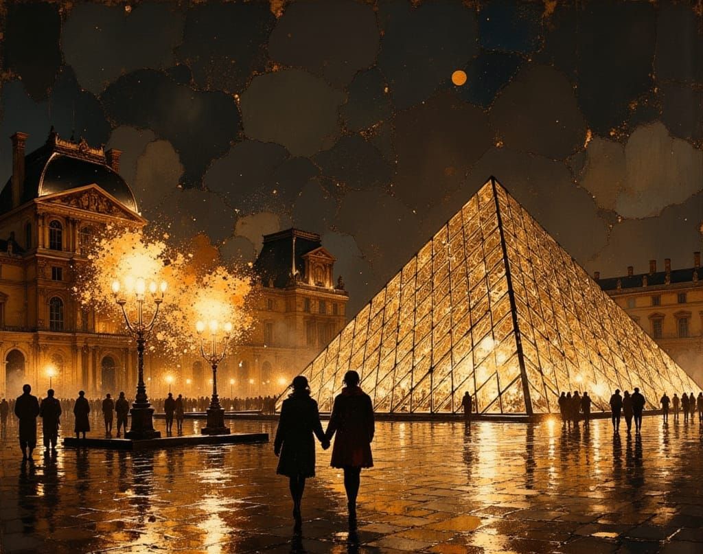 Louvre Pyramid at Night with Fire Performers