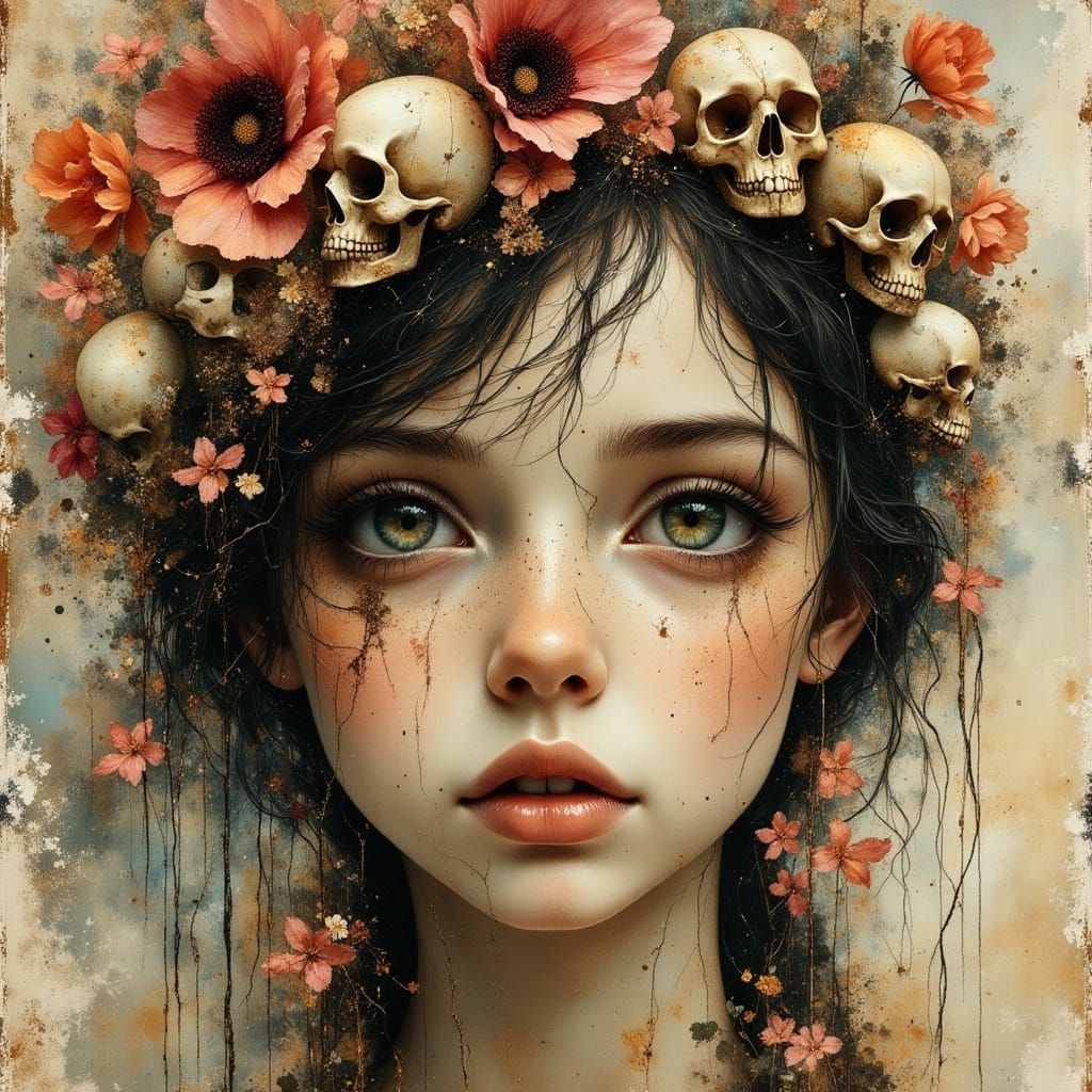 Dreamy Girl with Skulls: Glitch Art Fusion