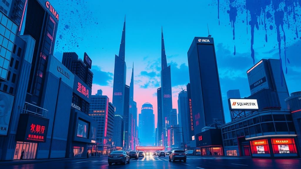 Futuristic Cityscape with Ink Splatters in Square Enix Style