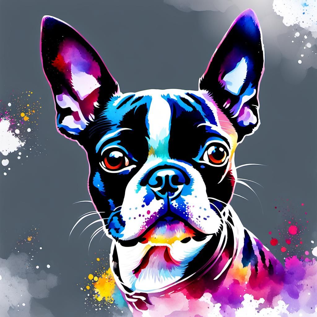 Watercolor Boston Terrier Headshot in Anime Style