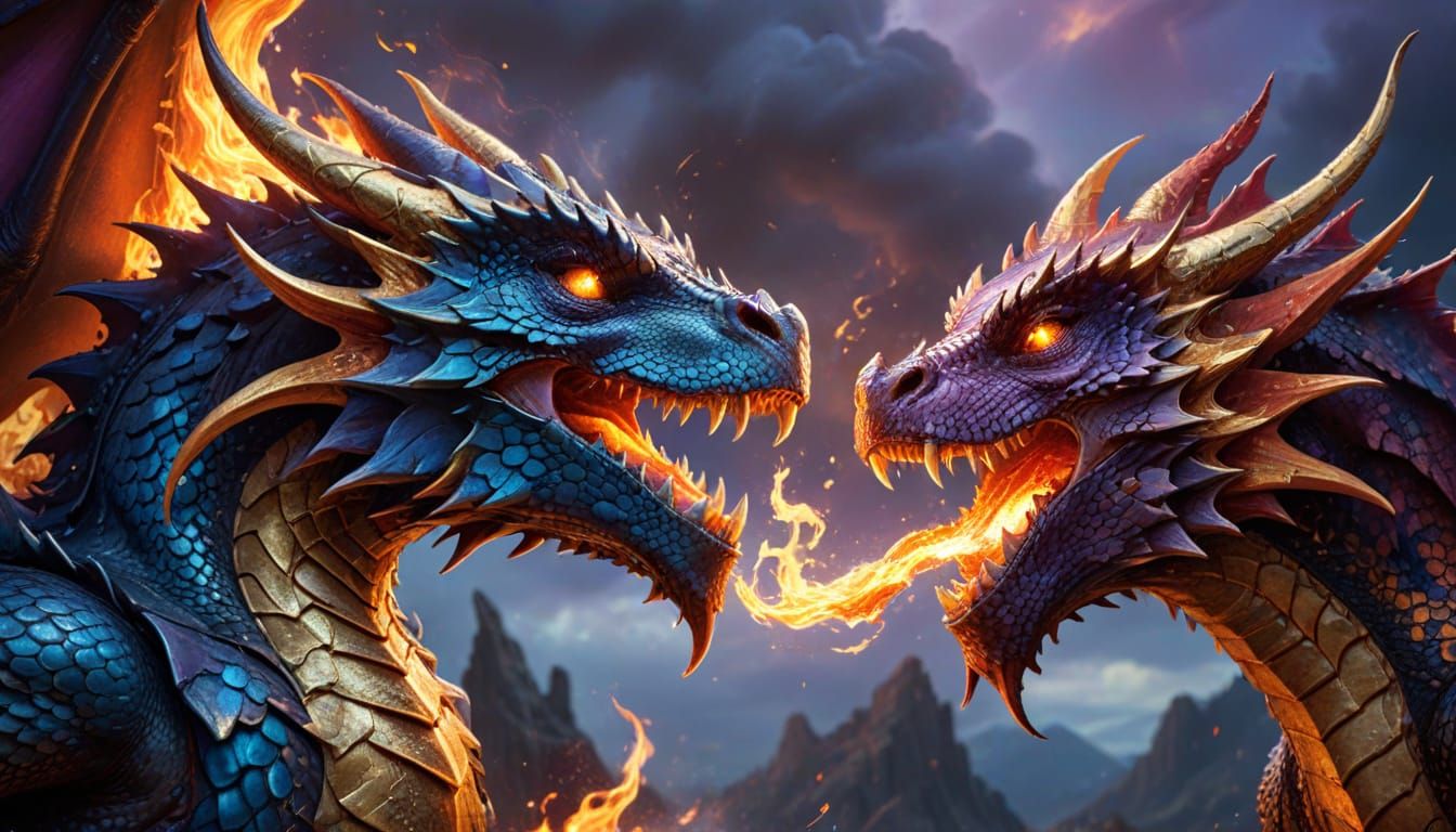 Intense Fantasy Dragons Clash in Vibrant Digital Art