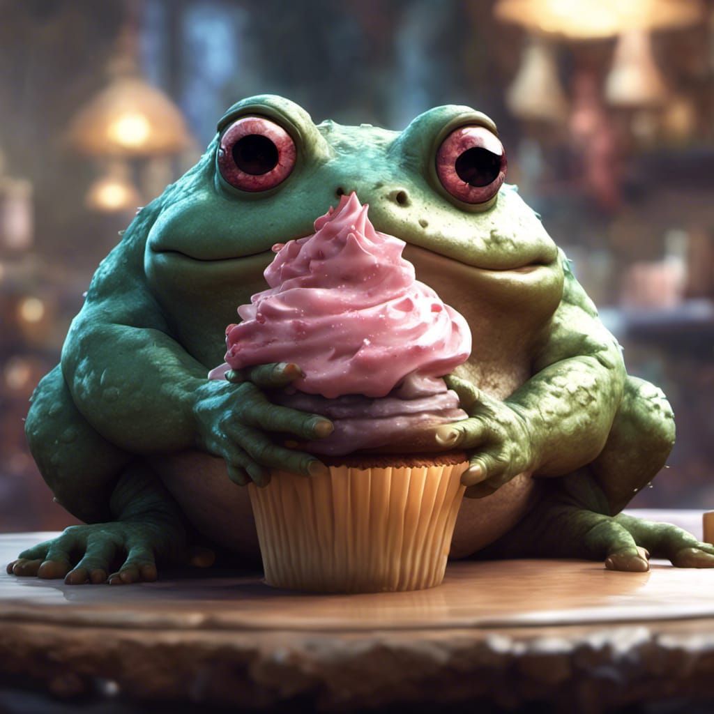 Toad's Delight: Detailed Portrait of Toad Eating Cupcake