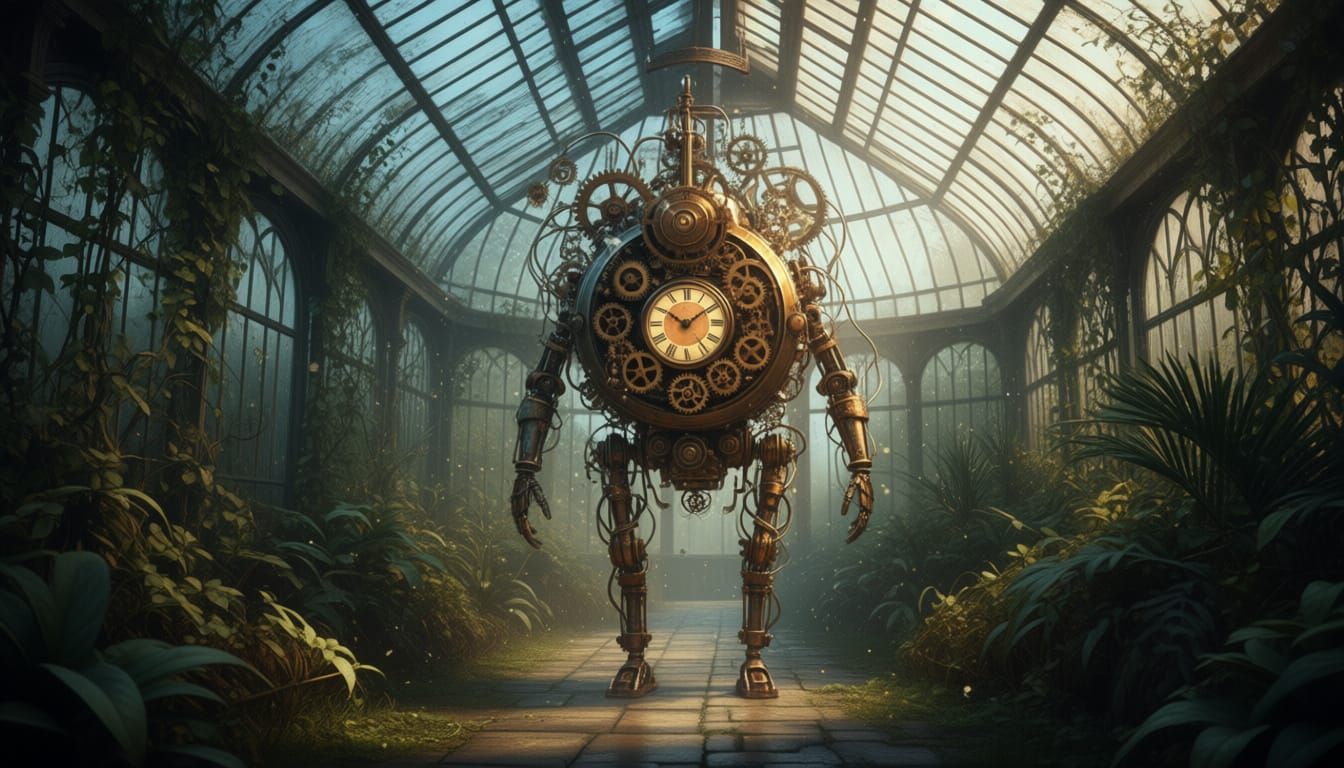 Clockwork Automaton in Overgrown Victorian Greenhouse