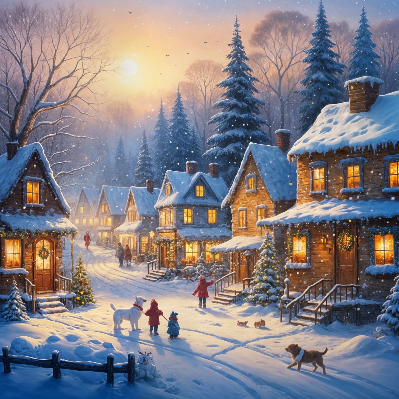Magical Snowy Christmas Village at Twilight with Joyful Fami...