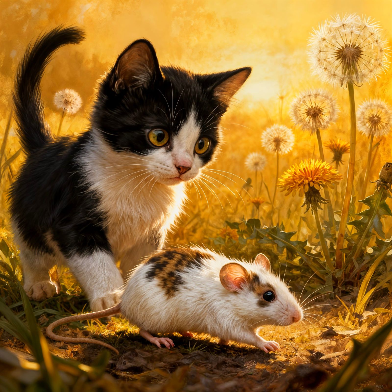 Tuxedo Kitten Meets Curious Mouse in Dandelion Field