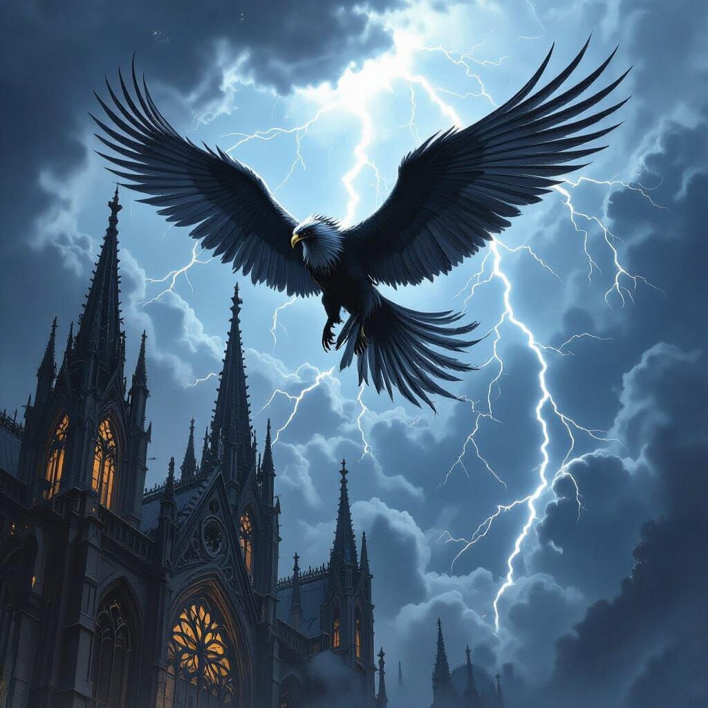 Griffin Soaring Above Gothic Cathedral in Dark Fantasy Style