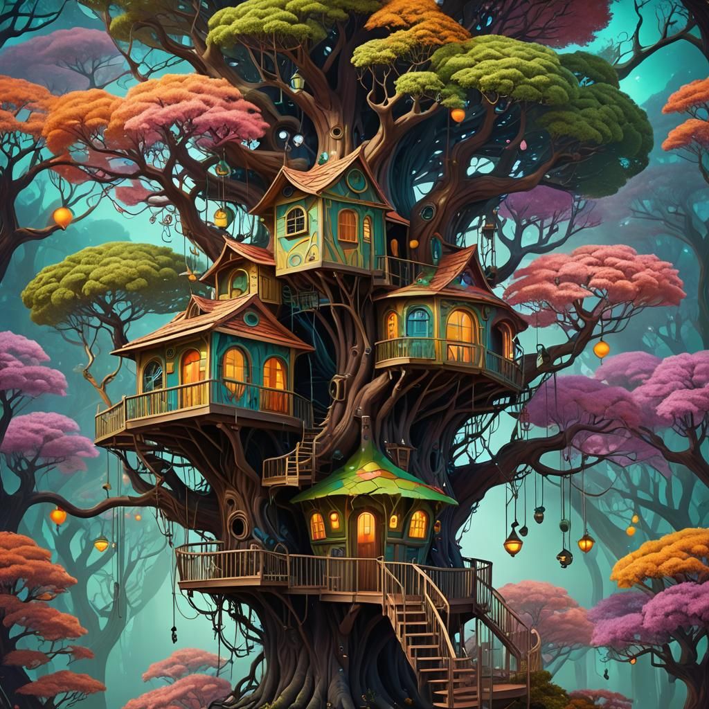 Psychedelic Treehouse: A Surreal Digital Art Dreamscape