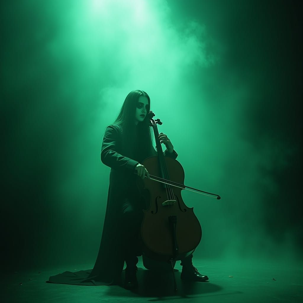 Eerie Cello Player on Misty Stage in Gothic Style