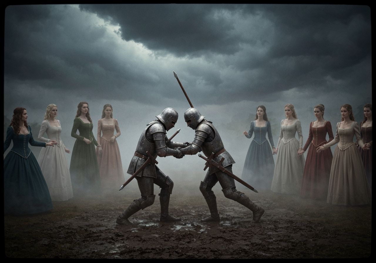 Knights Battle on Muddy Field Under Stormy Sky