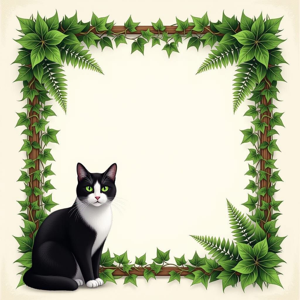 Framed Black and White Cat with Greenery