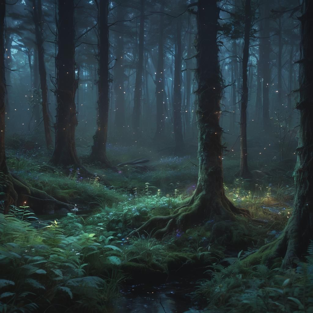 Ethereal Nighttime Forest Scene in Dreamy Concept Art