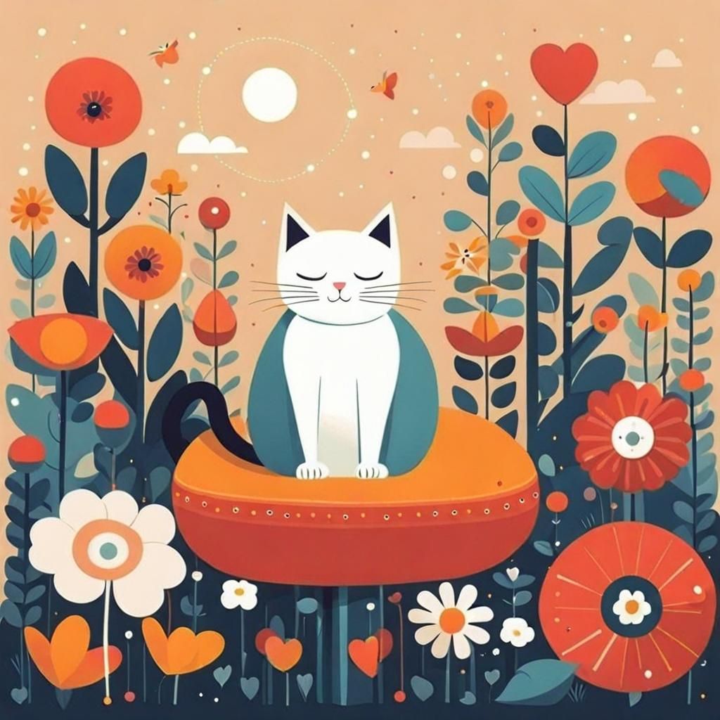 Cat on Pillow with Flowers in Digital Illustration