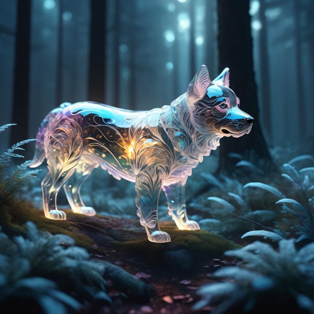 Crystal Puppy in Mystical Forest: Digital Art
