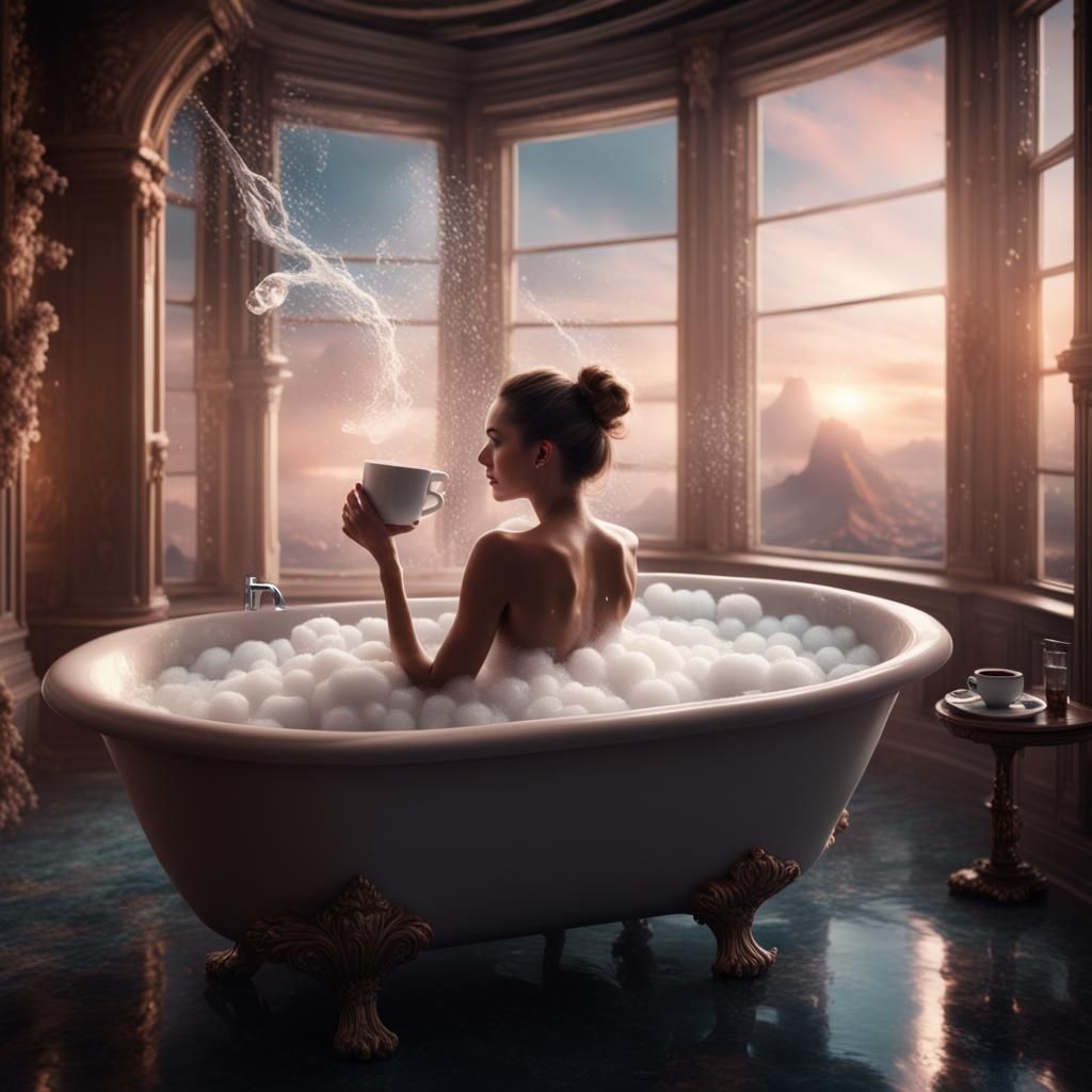 Woman Relaxing in Bubble Bath: Cinematic Digital Art