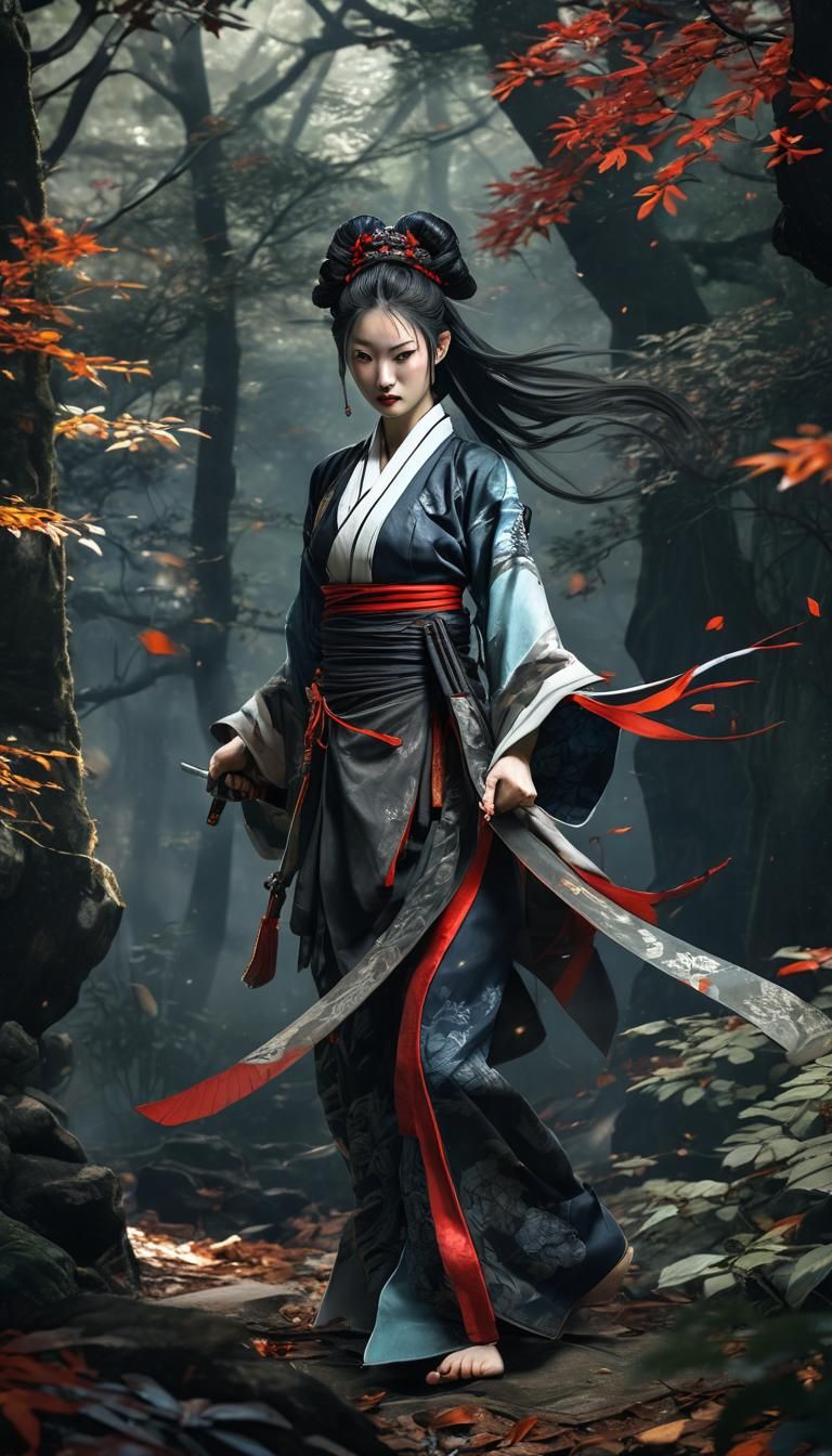 Cyberpunk Wuxia Warrior in Shadowy Forest