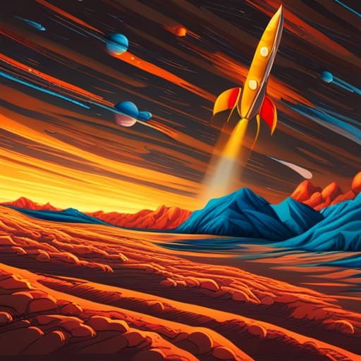 Retro Rocket on Mars in Hyperrealistic Comic Style