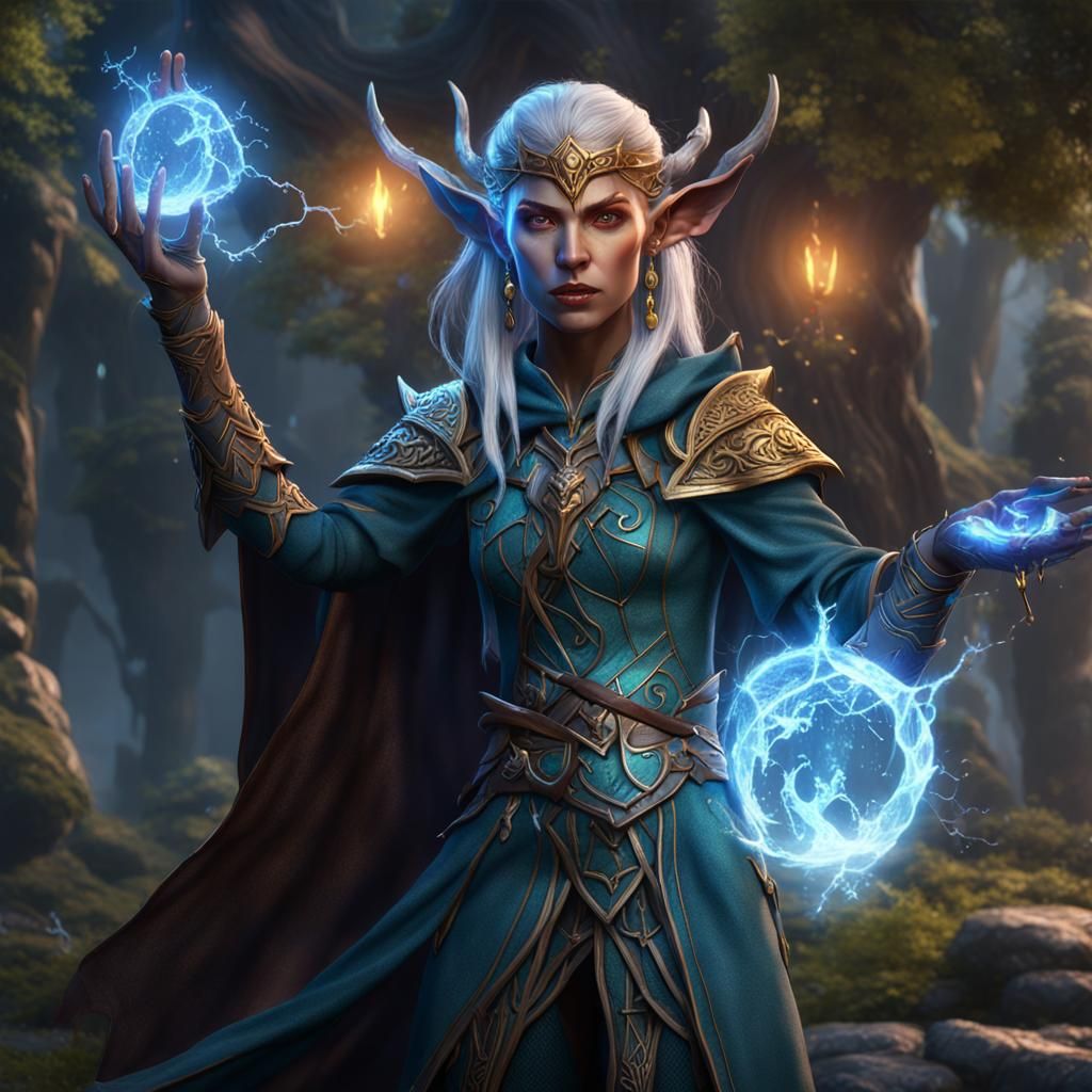 Lightning Elf Magician in Detailed Matte Painting