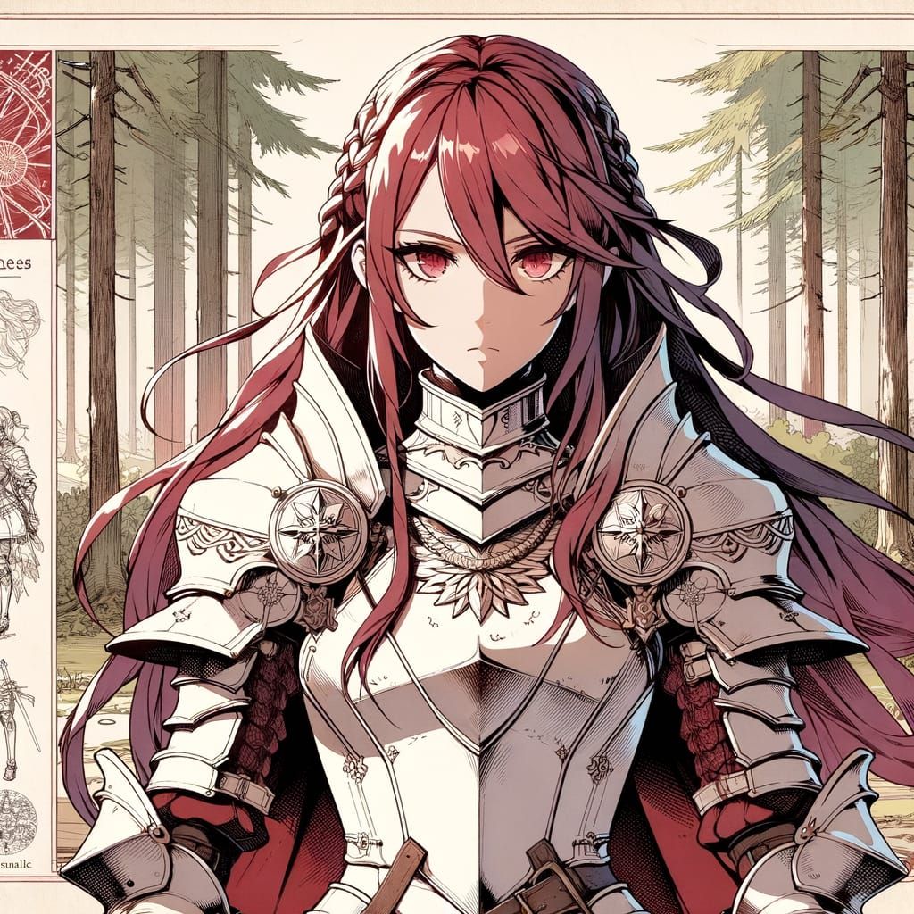 Anime Knight with Crimson Hair in Forest