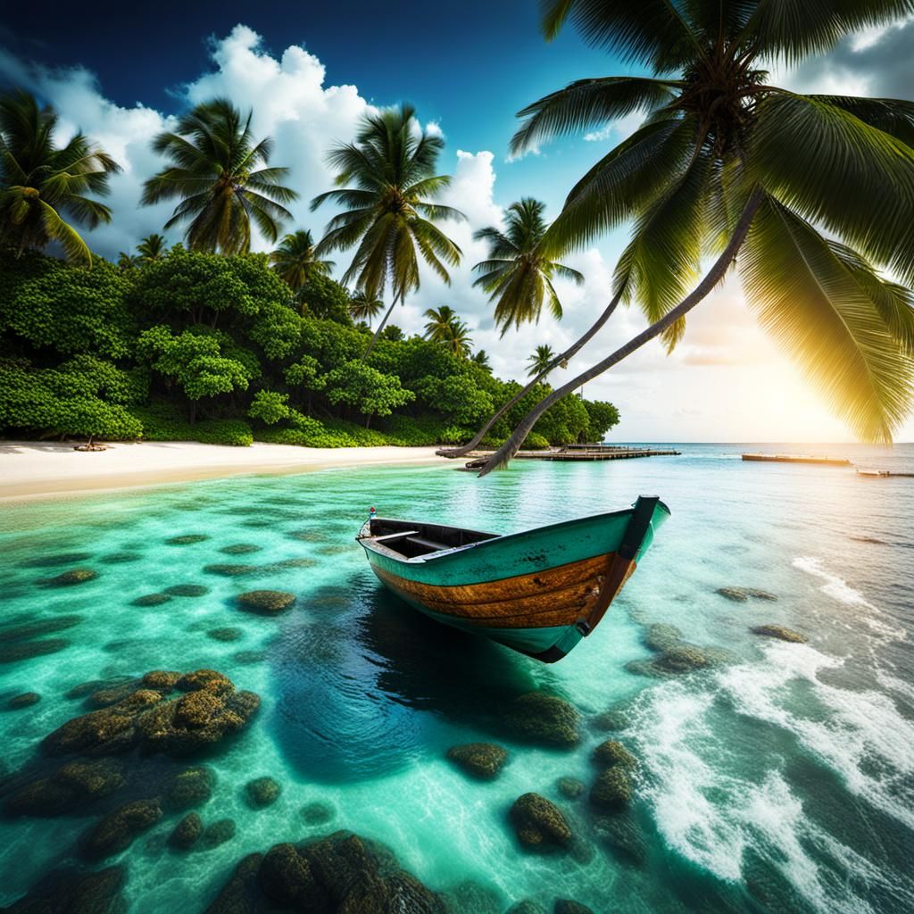 Maldives Coastal Scene with Boat and Coconut Water