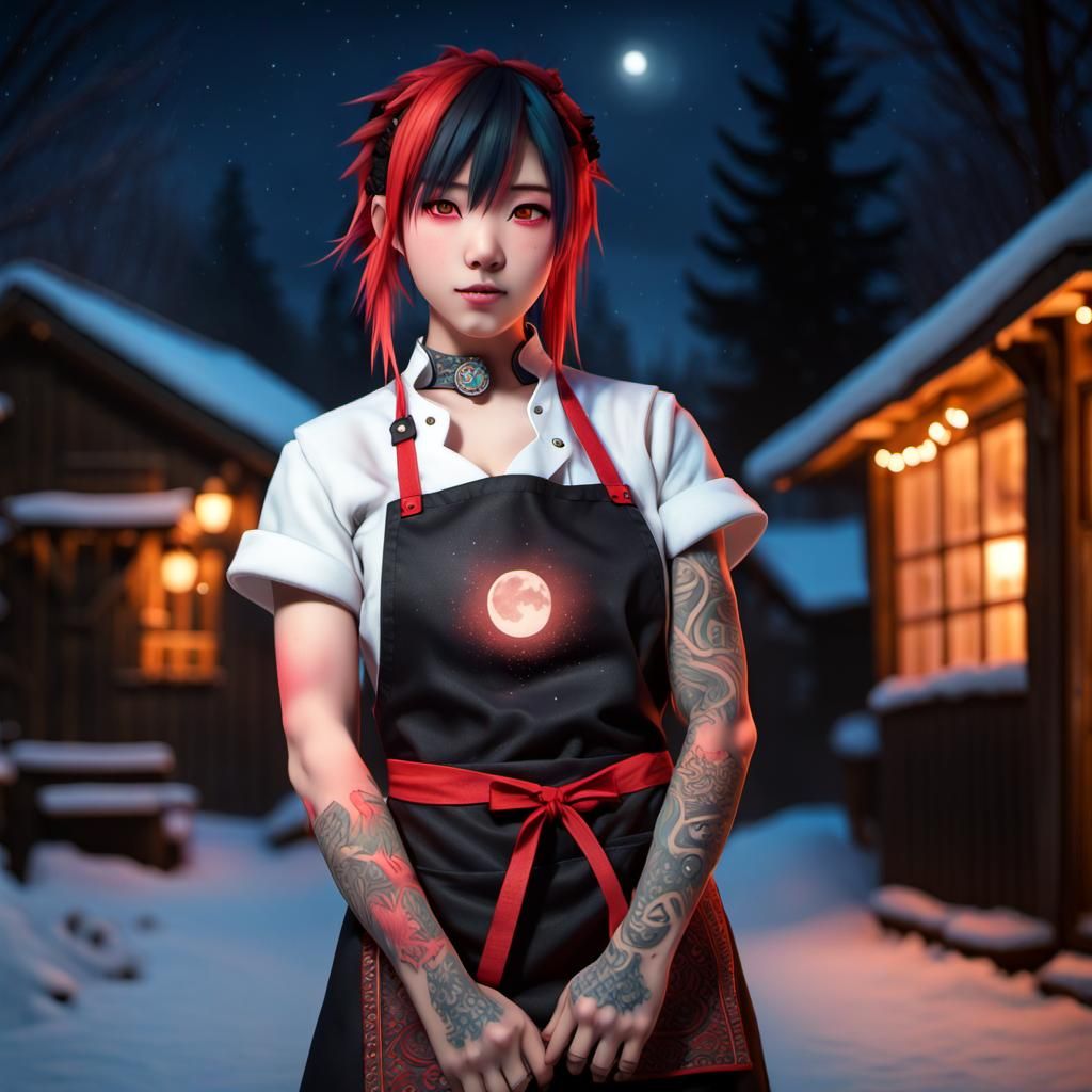 Anime Chef with Bioluminescent Tattoos in Snowy Village