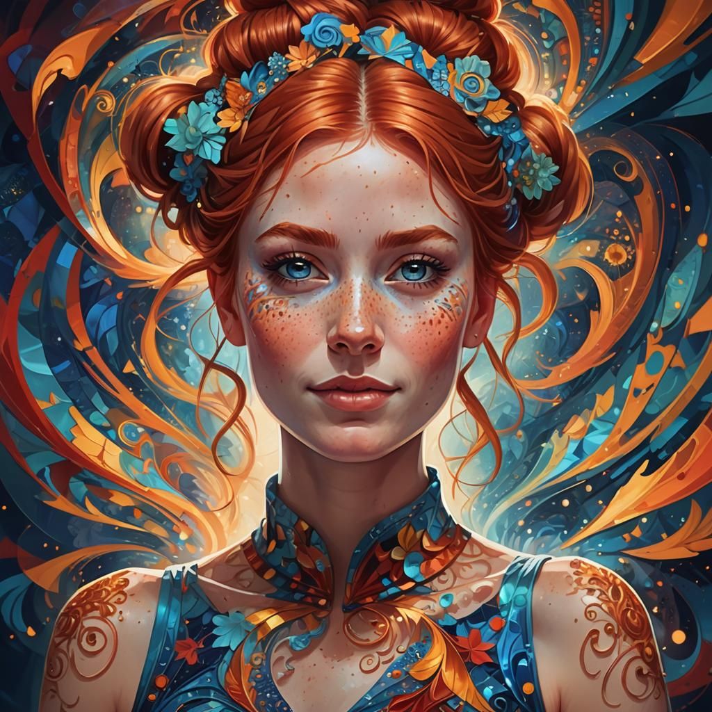 Vibrant Fractal Portrait of a Lively Redhead