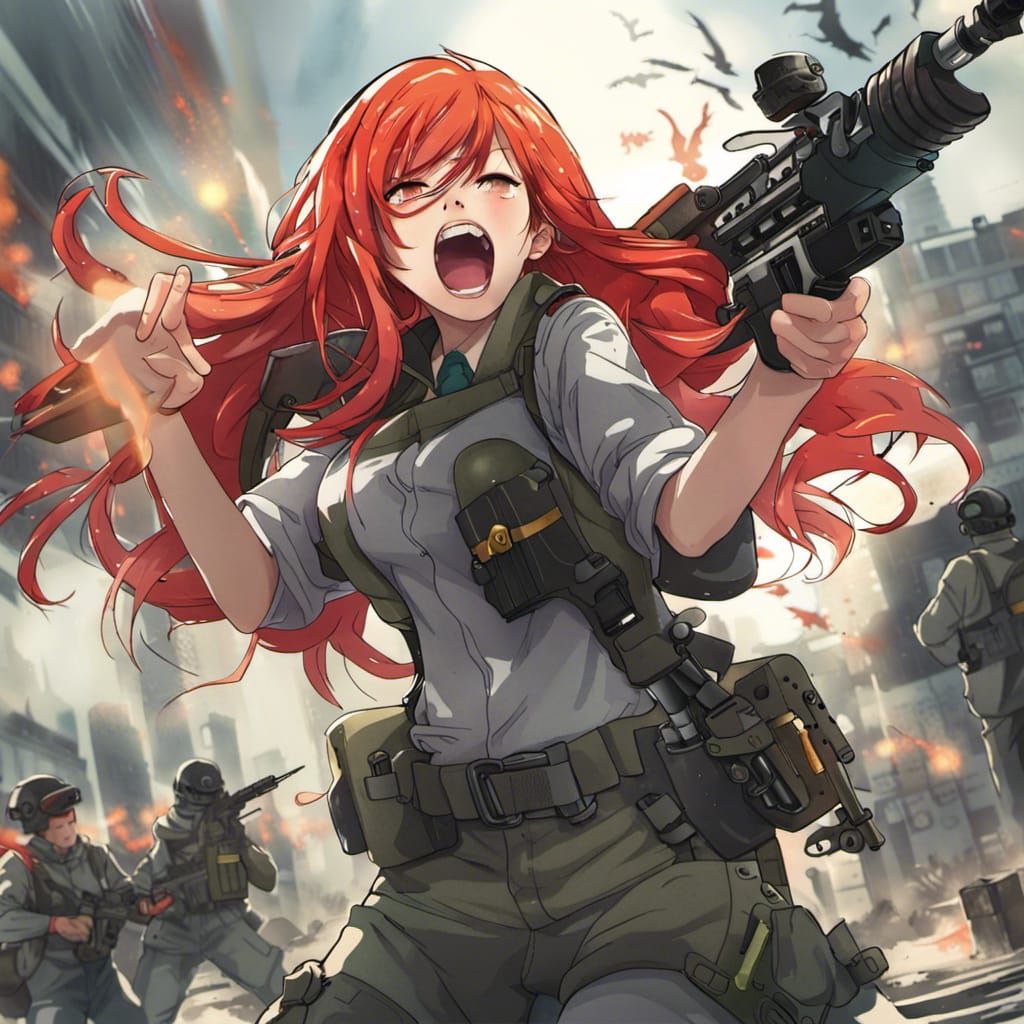 Anime Girl with Red Hair Shooting Machine Gun