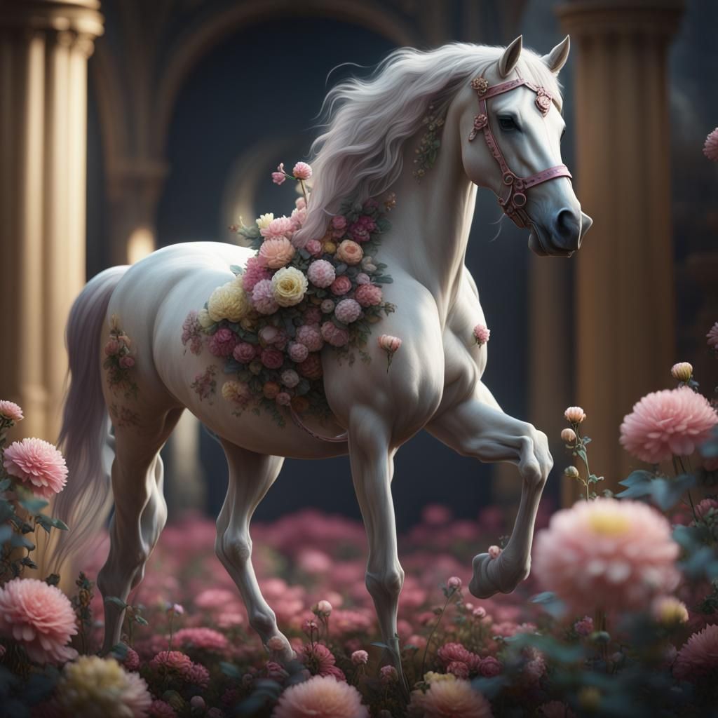 Elegant Horse and Flowers in Detailed Matte Painting