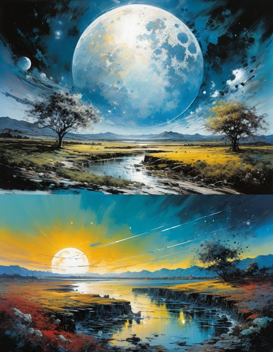 Day and Night Landscape in Abstract Art Style
