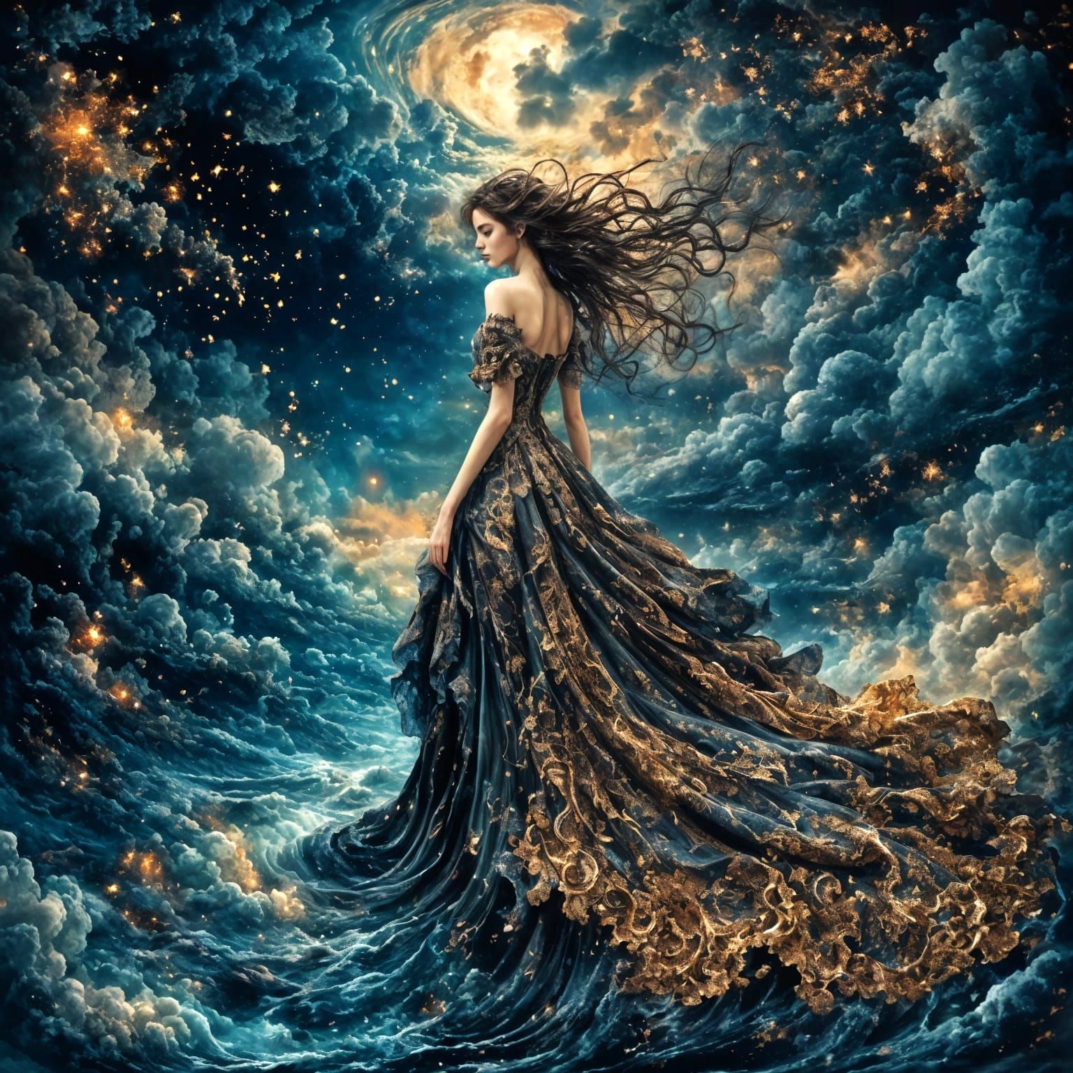 Starry Storm Woman in Art Deco Style