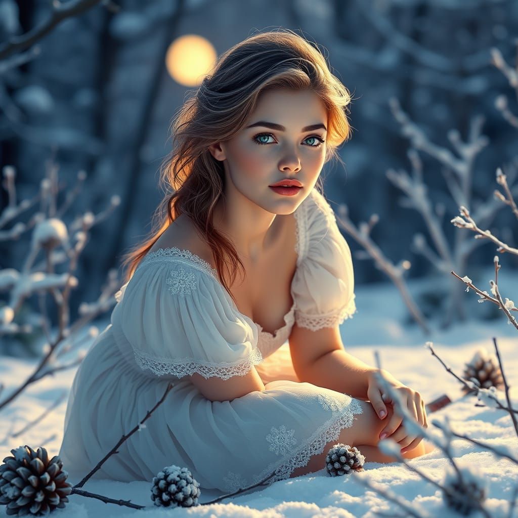 Luminous Winter Goddess in Snowy Serenity