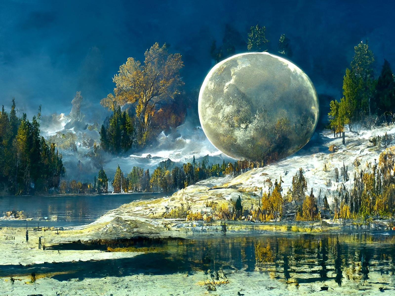 Moonlit Lake Vista as Detailed Landscape Painting