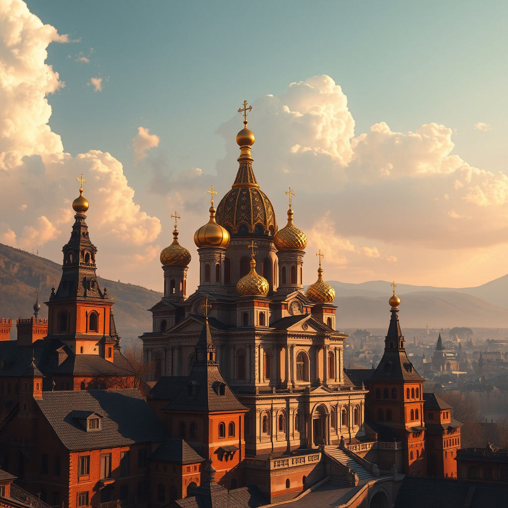 Medieval Town with Orthodox Church in Fantasy Style