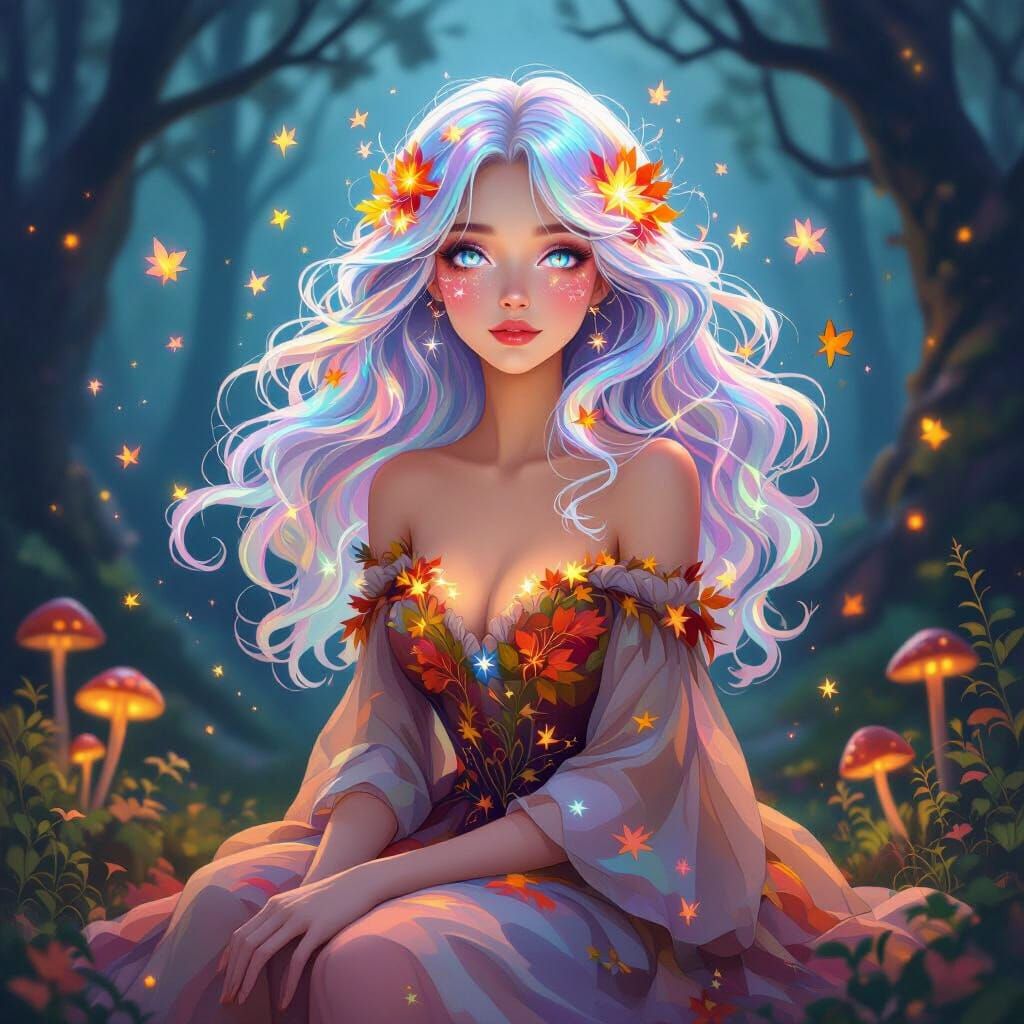 Ethereal Woman in Enchanted Forest, Digital Illustration