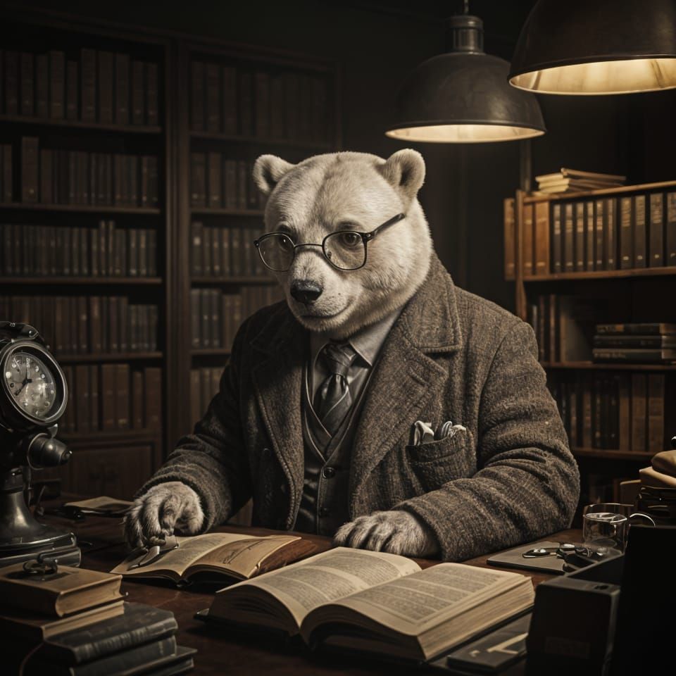 Polar Bear in Dark Academia Office Environment