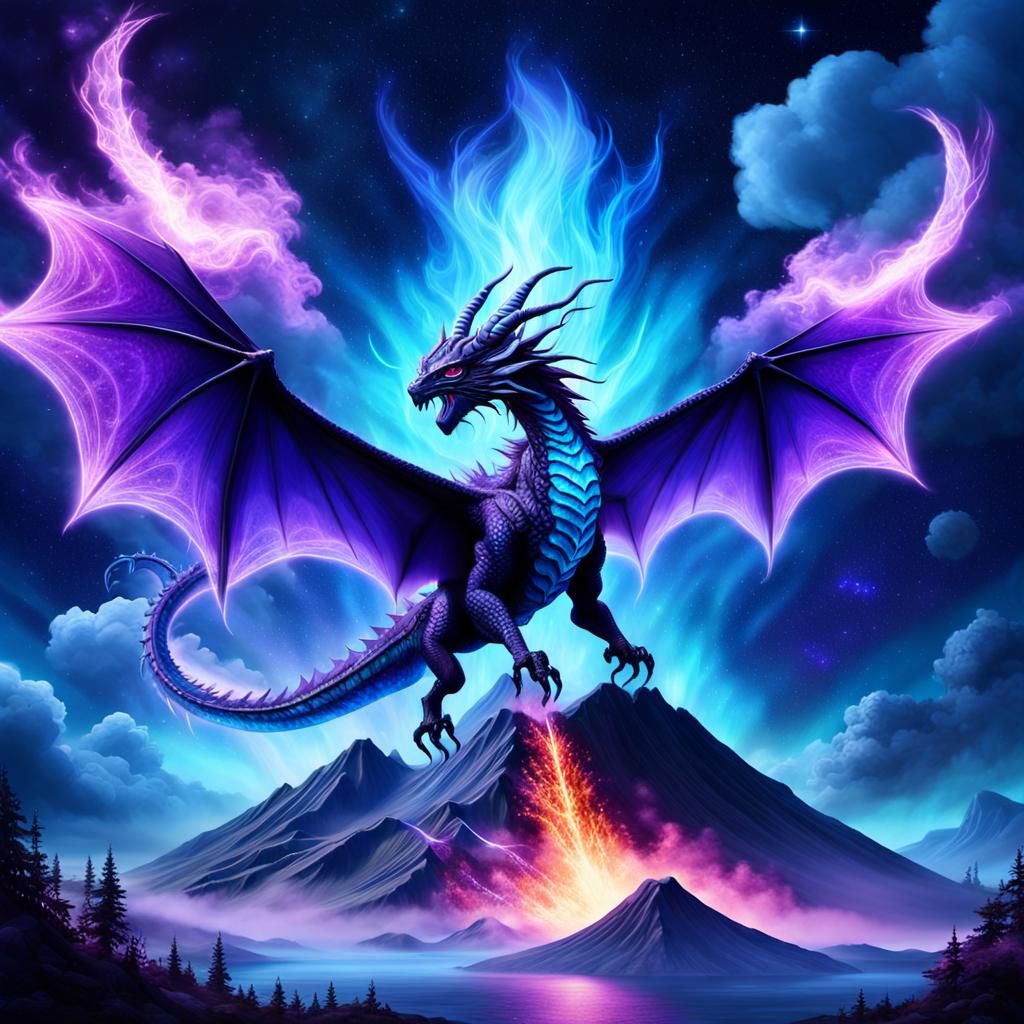 Indigo Dragon Emerges from Volcano