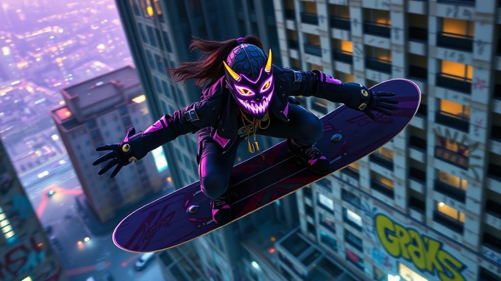 Cyberpunk Girl Skyboarding Above Dystopian City