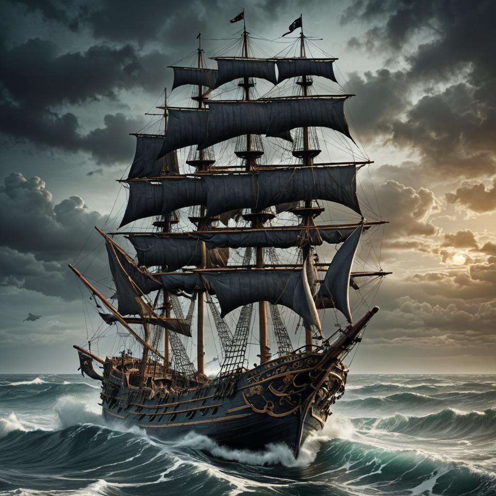 Zombie Pirate Ship on Stormy Ocean in HDR