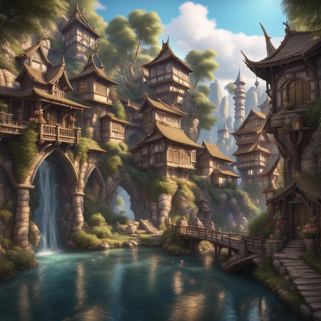 Picturesque Fantasy Village with Waterways in Pastel Colors