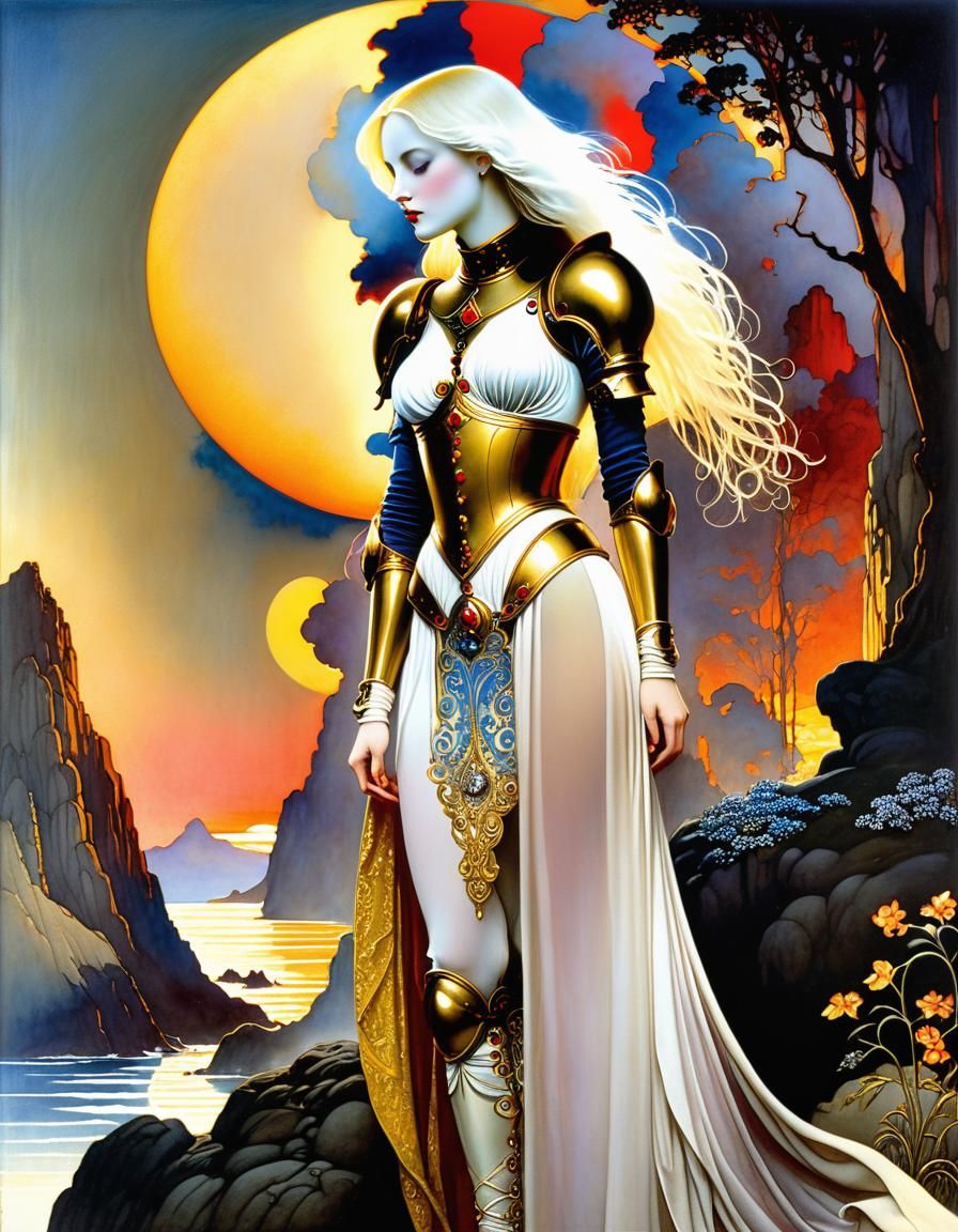 Beautiful Woman in Armor at Sunset, Illustration